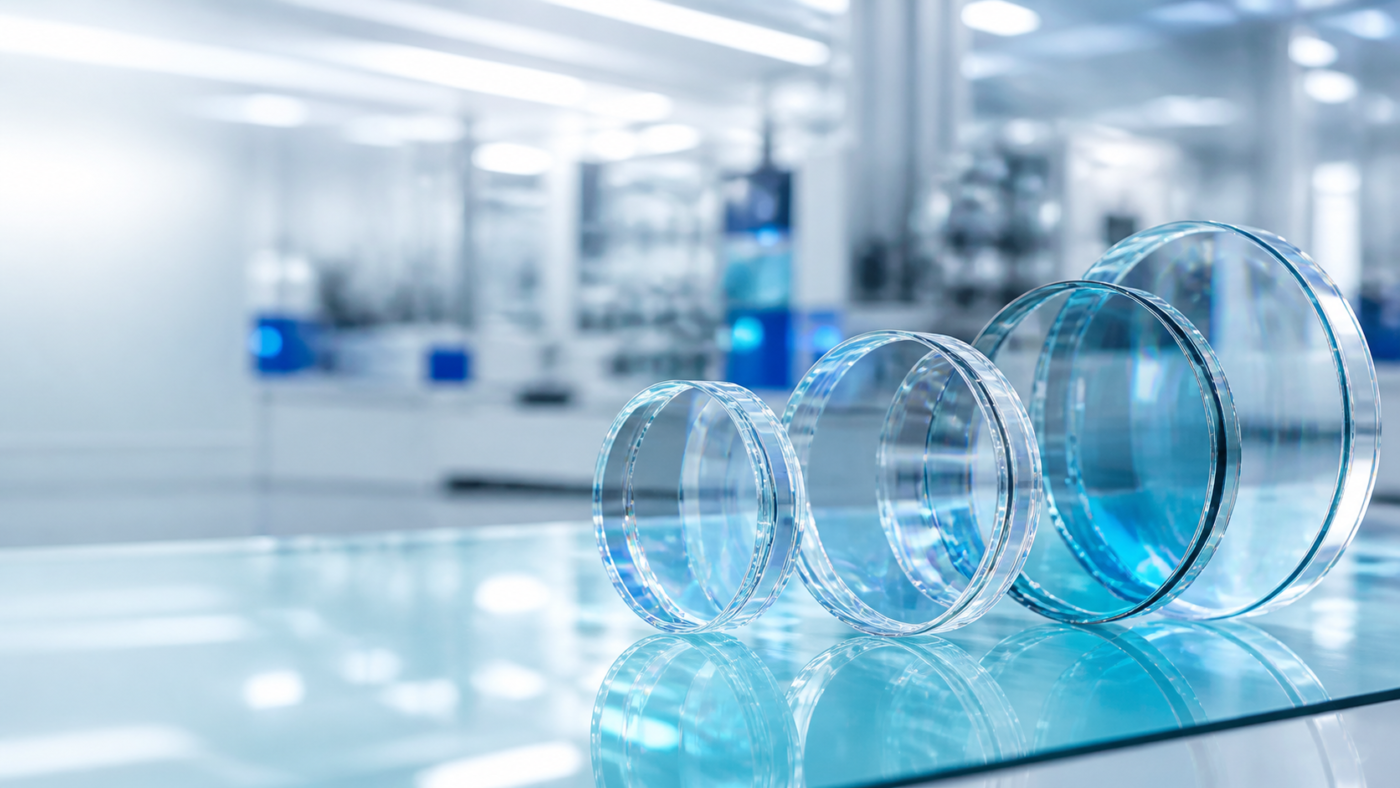 Clear prescription lens blanks displayed inside a modern optical factory