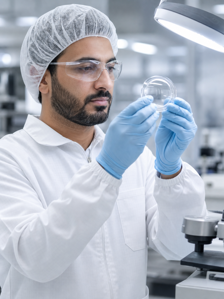 Optical laboratory technician inspecting a clear ophthalmic lens