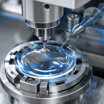 Precision freeform surfacing machine shaping an ophthalmic lens