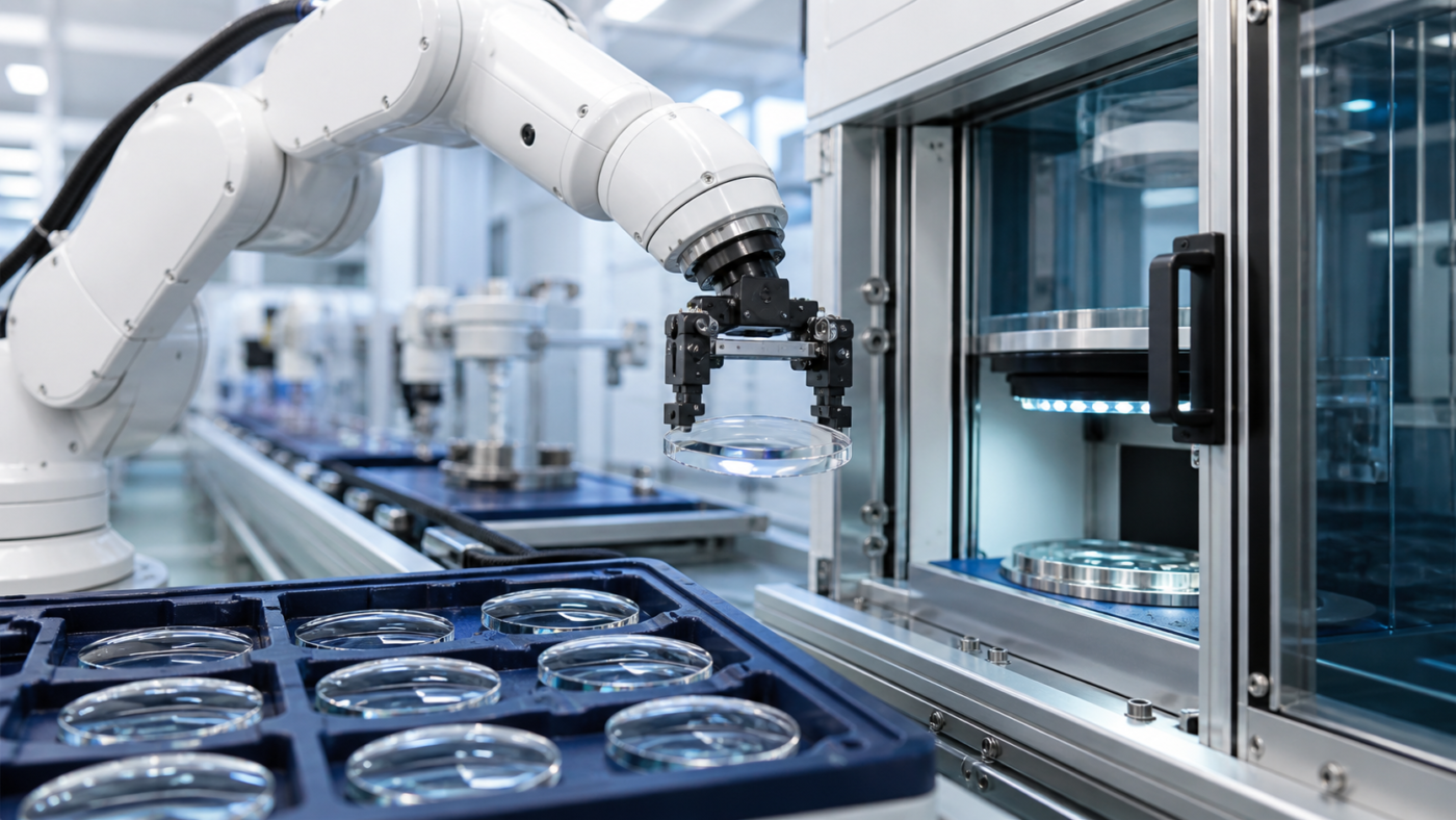 Robotic arm transferring a prescription lens into an inspection station