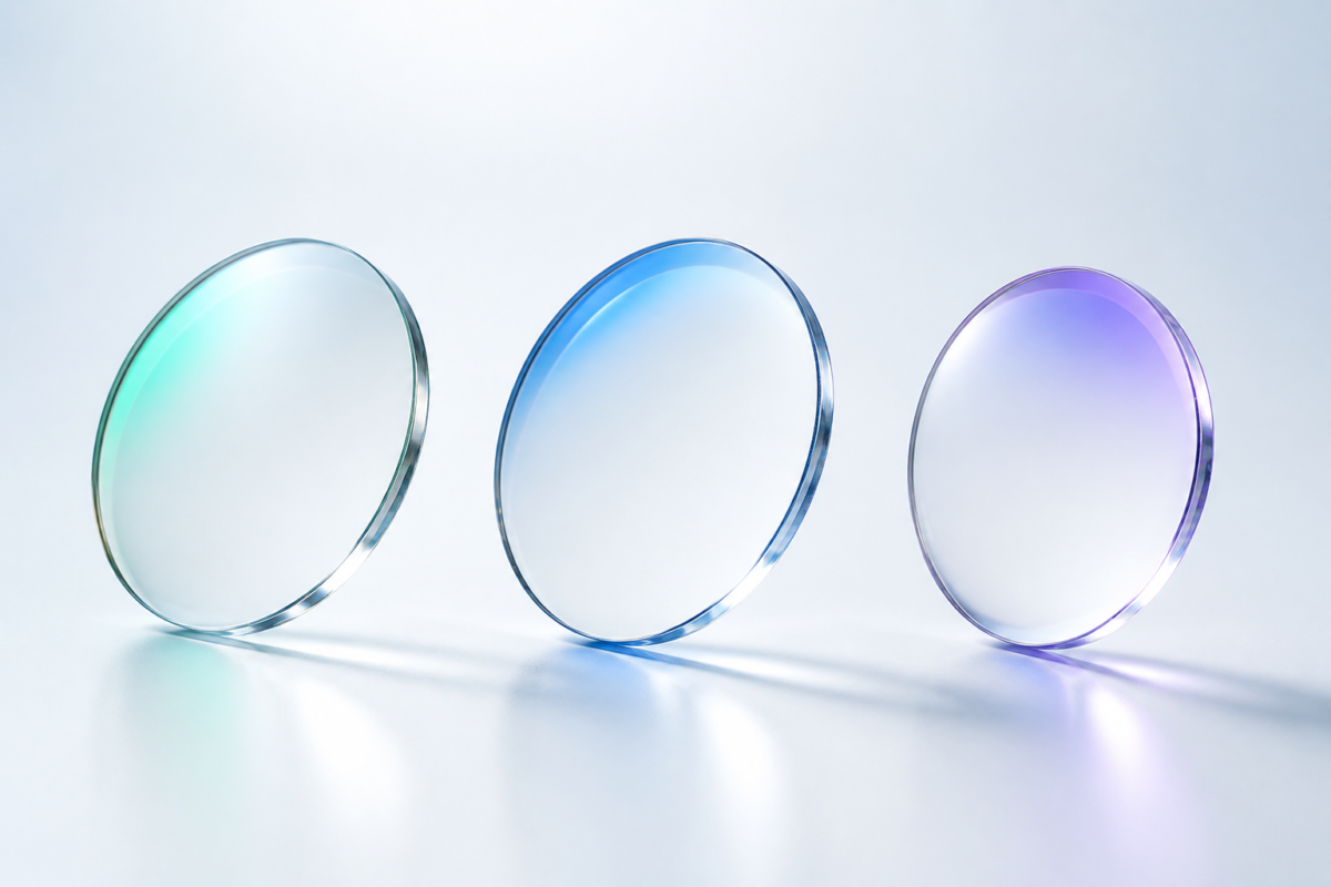 Three clear ophthalmic lenses with green blue and violet anti-reflective coatings