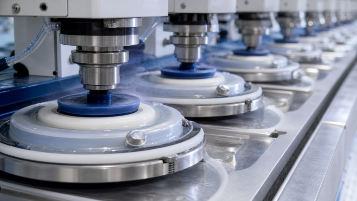 Automated polishing heads finishing ophthalmic lenses on a production line