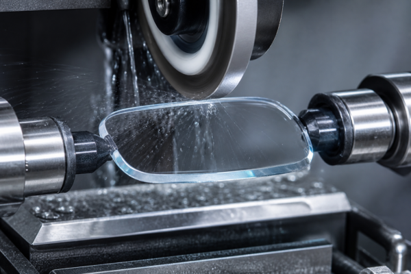 Precision edging machine shaping a clear ophthalmic lens