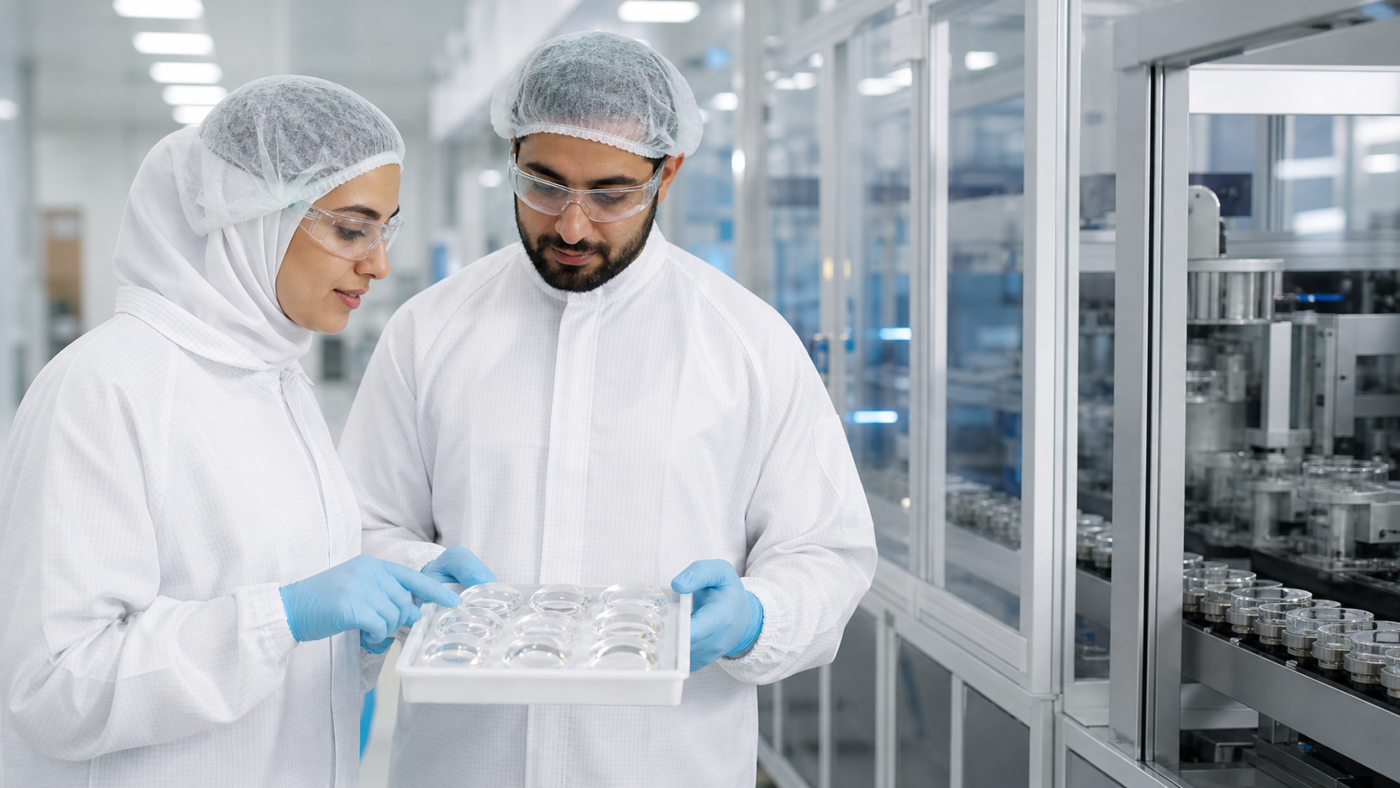 Optical manufacturing engineers reviewing clear lenses in a cleanroom