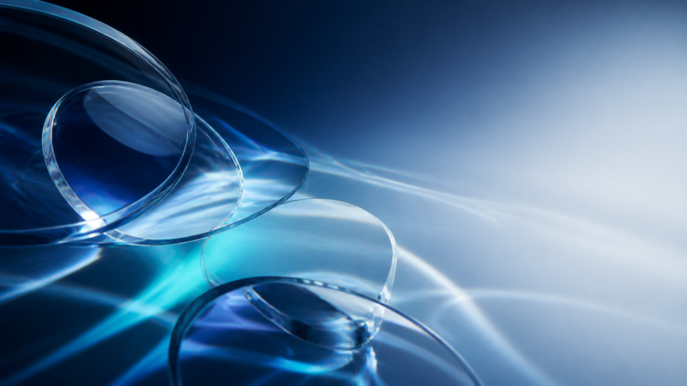 Abstract transparent optical lenses with blue light and refraction